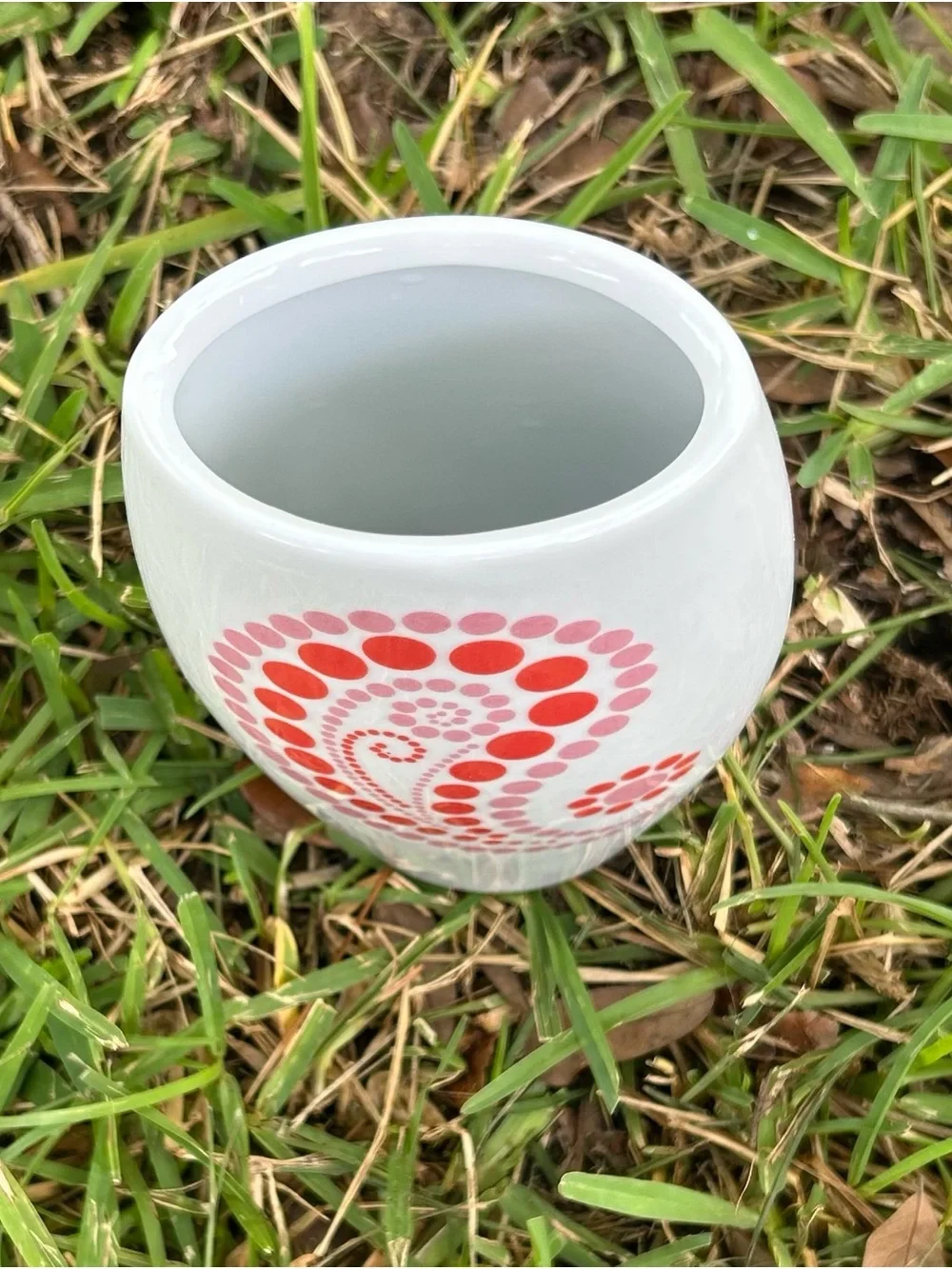 Poland White Ceramic Vase with Pink and Orange Dot Paisley Design